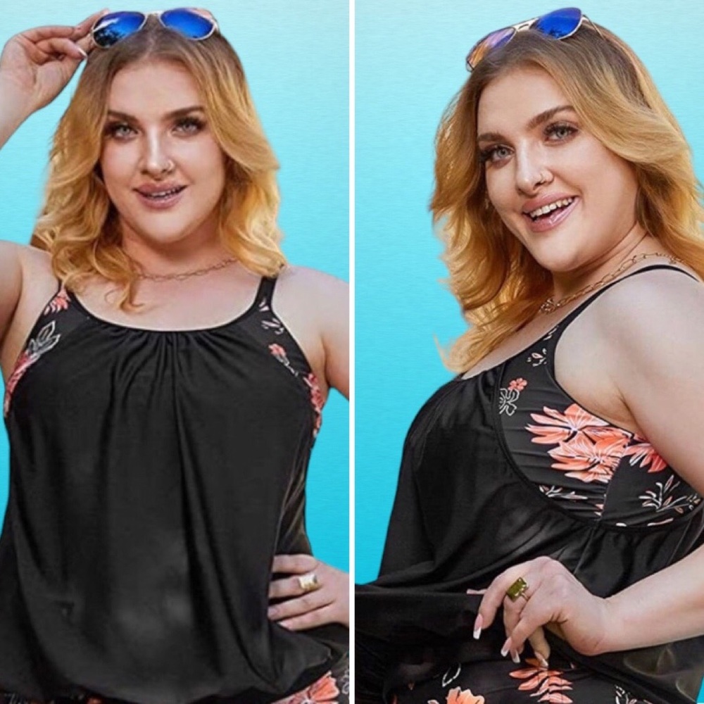 Black & Pink Floral Banded Tankini Two Piece  (Top Only) PLUS SIZE 20W